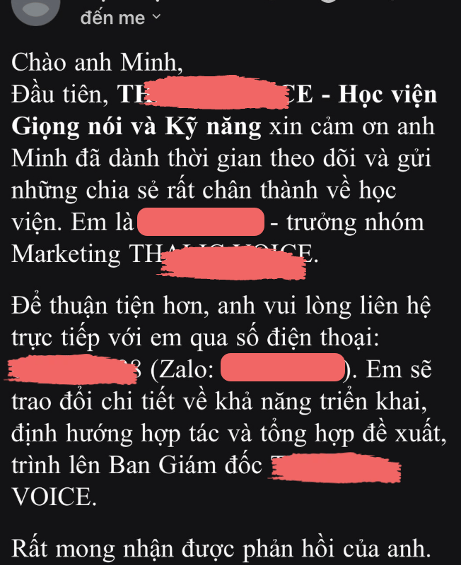 Email trưởng nhóm marketing học viện mời trao đổi hợp tác