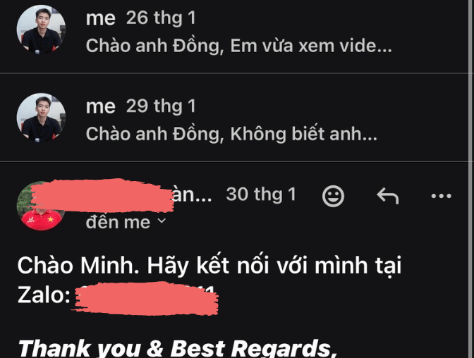 Email khách hàng: Hãy kết nối với mình tại Zalo