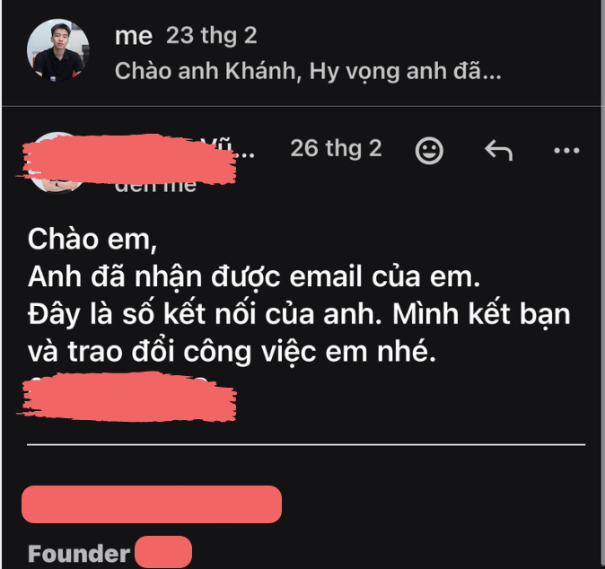 Email founder: Đây là số kết nối của anh, mình kết bạn và trao đổi công việc