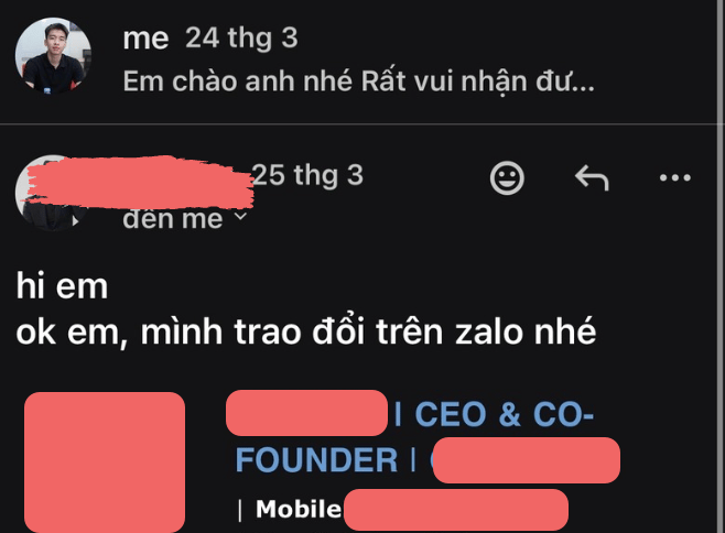 Email CEO & Co-founder: ok em, mình trao đổi trên zalo nhé