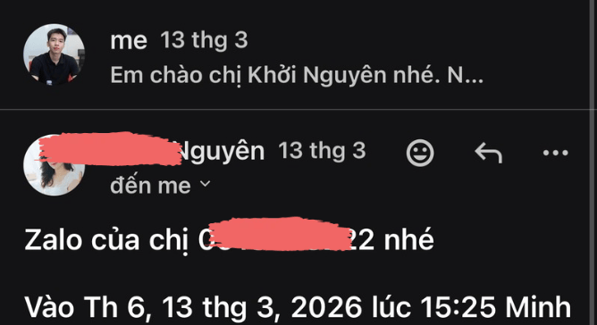 Email khách hàng gửi số Zalo