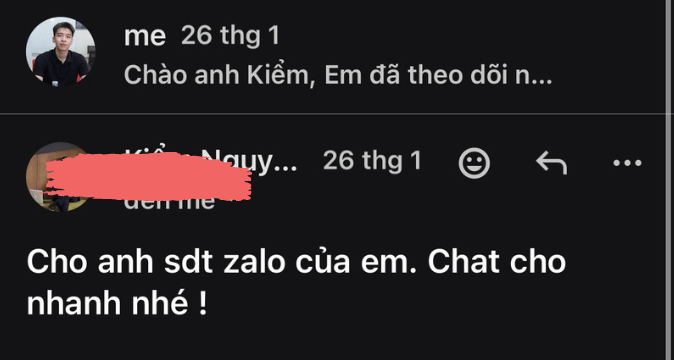 Email khách hàng: Cho anh sđt zalo của em, chat cho nhanh nhé