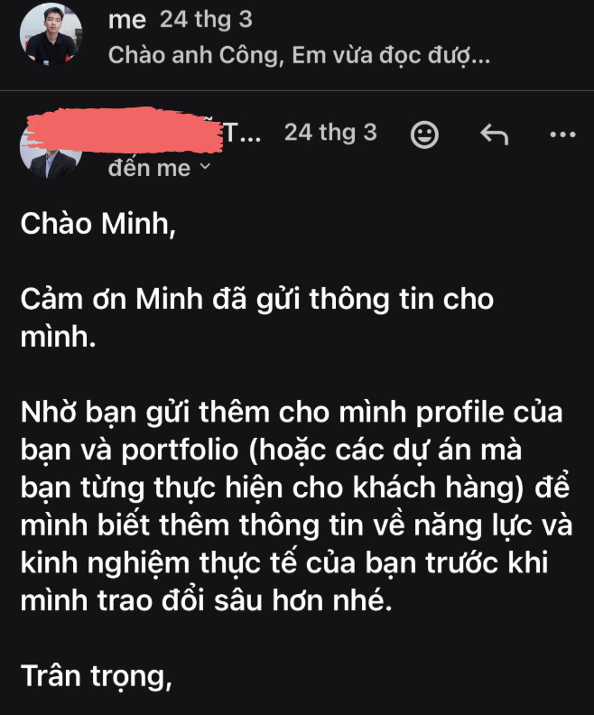 Email khách hàng xin profile và portfolio để trao đổi sâu hơn