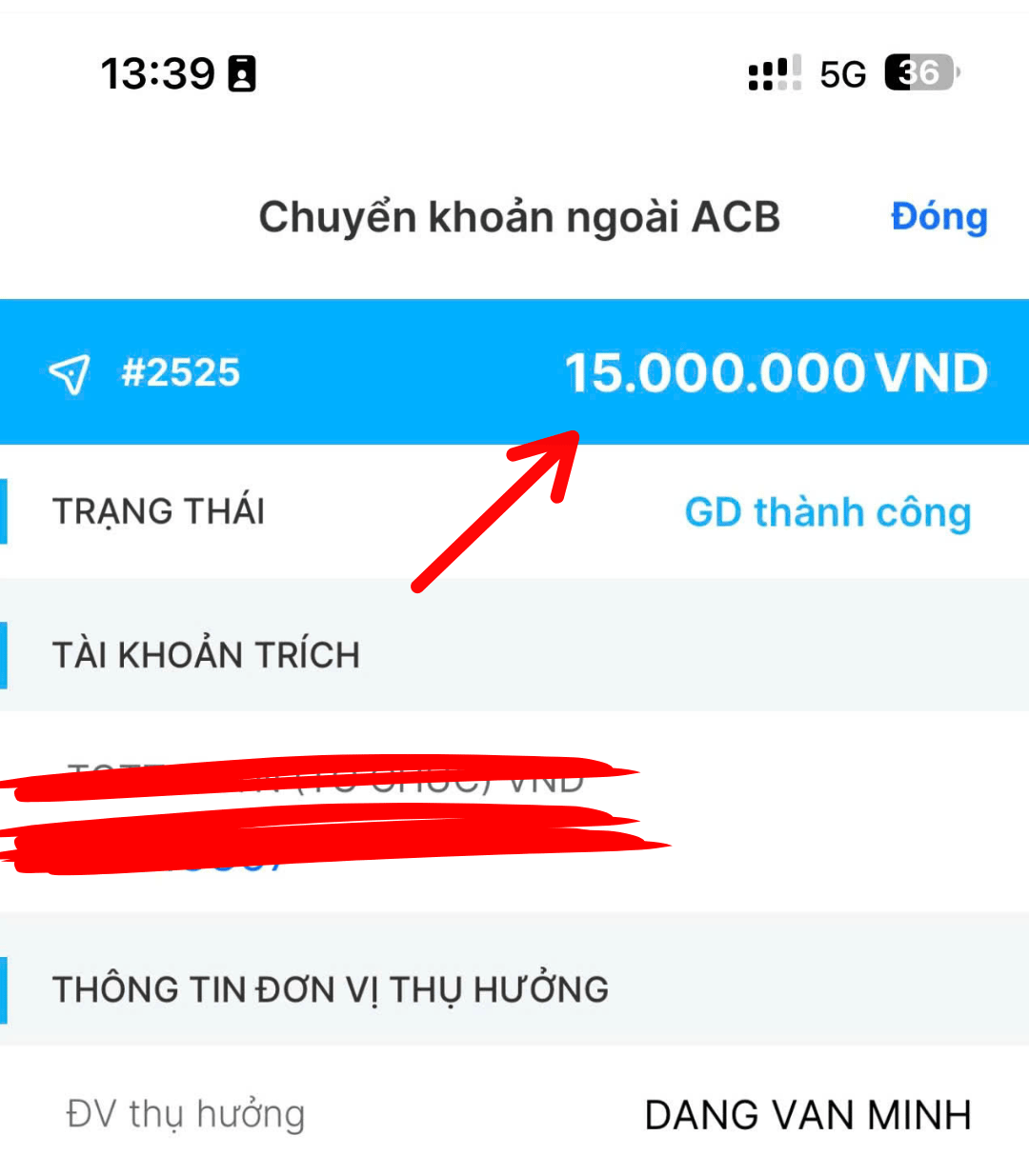 Biên lai chuyển khoản ACB 15.000.000 VND cho Dang Van Minh