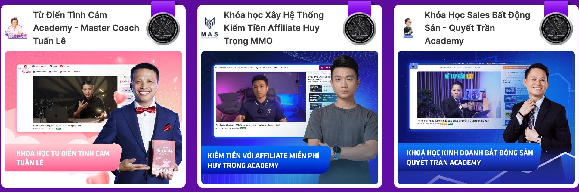Các khoá học chuyên môn của creator: Từ điển tình cảm, Affiliate MMO, Kinh doanh bất động sản