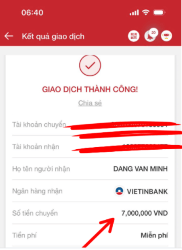 Biên lai VietinBank: giao dịch thành công 7.000.000 VND cho Dang Van Minh