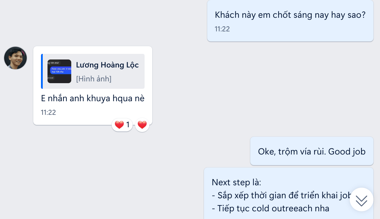 Lộc nhắn tin báo khách hàng đã reply