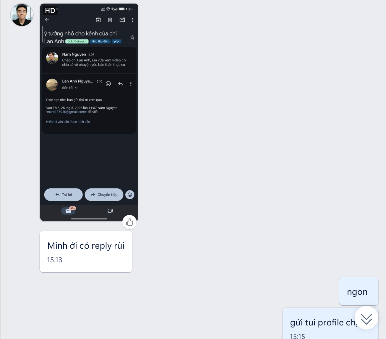 Nam báo: Minh ơi có reply rùi