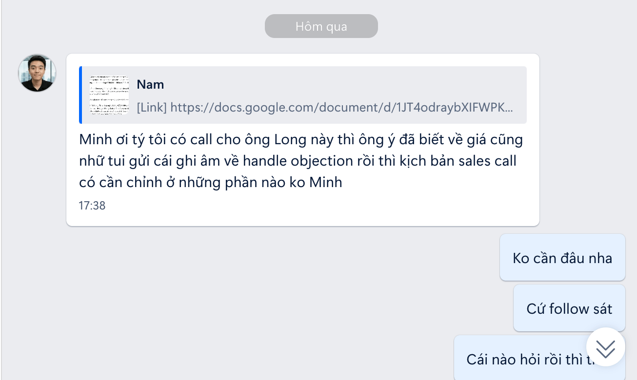 Nam hỏi cách chuẩn bị kịch bản sales call với khách