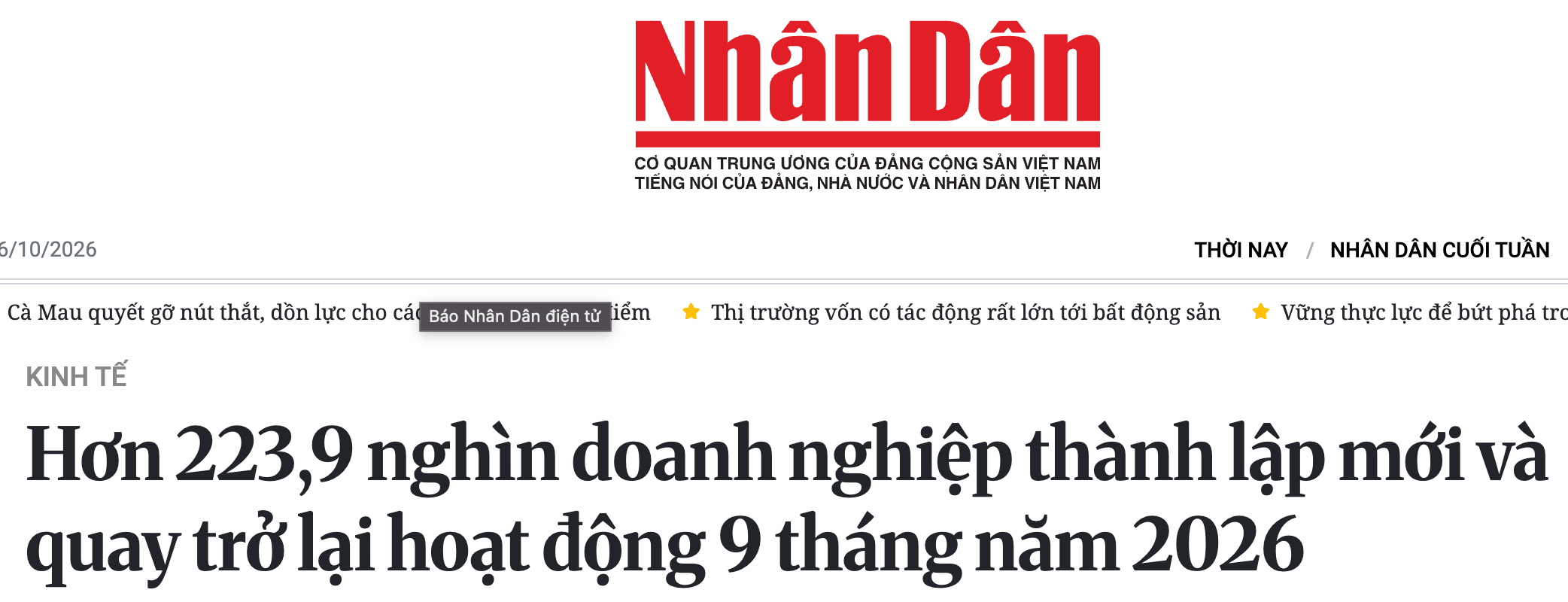 Báo Nhân Dân: Hơn 223,9 nghìn doanh nghiệp thành lập mới và quay trở lại hoạt động 9 tháng năm 2026