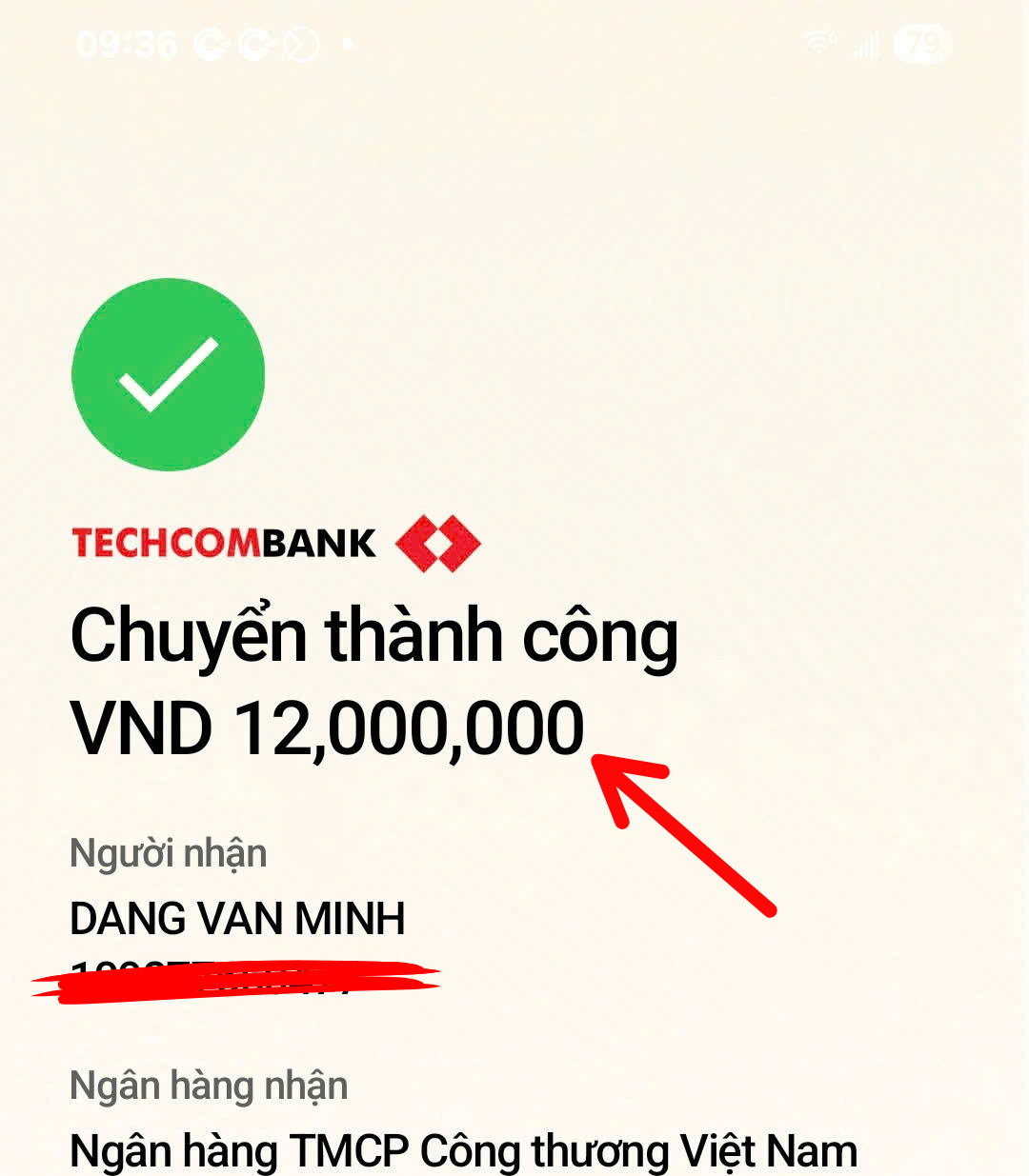 Biên lai Techcombank chuyển thành công 12.000.000 VND cho Dang Van Minh