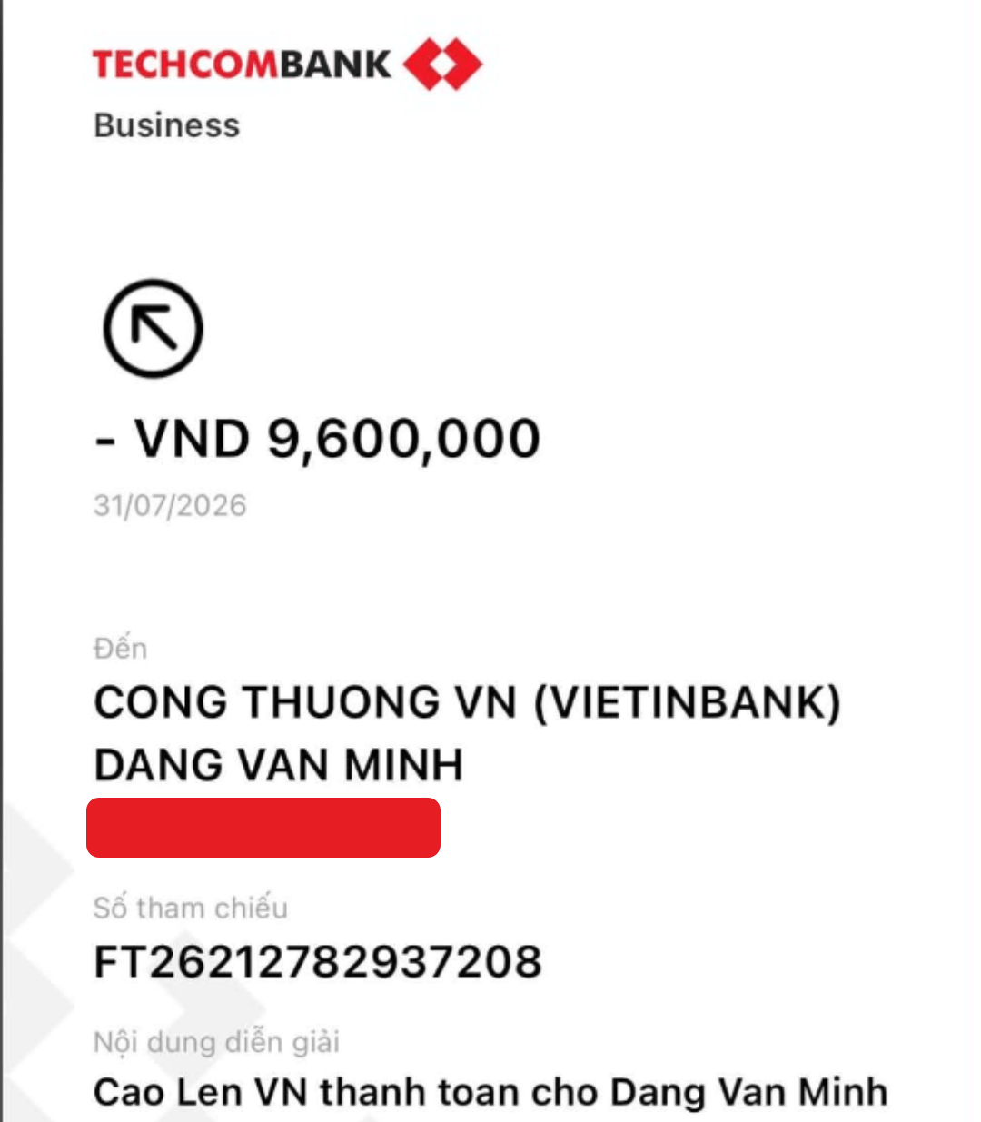 Biên lai Techcombank Business chuyển 9.600.000 VND cho Dang Van Minh ngày 31/07/2026